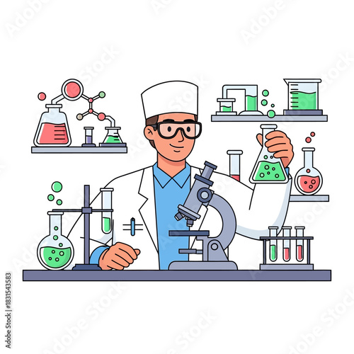 Illustration of a scientist conducting research in a laboratory for future medicines and experiments