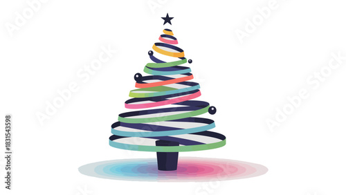 Festive Spirals: An abstract illustration of a Christmas tree is adorned with colorful spiral ribbons, capturing the holiday spirit with a modern twist.