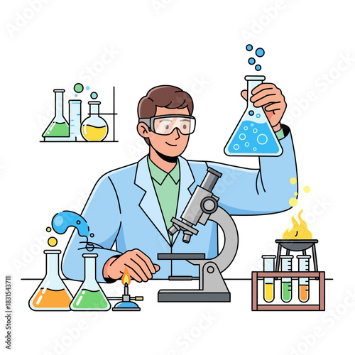 Scientist exploring chemical reactions with laboratory equipment in a bright setting