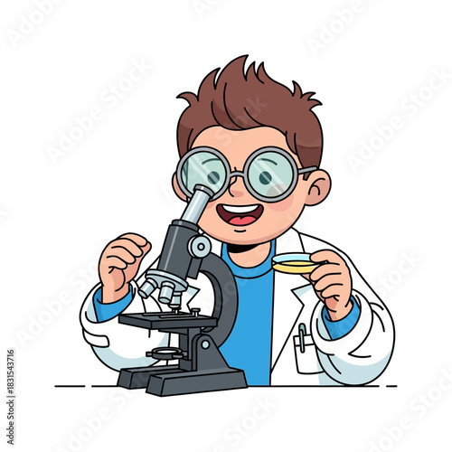 Enthusiastic young scientist enthusiastically conducts experiments with a microscope for academic