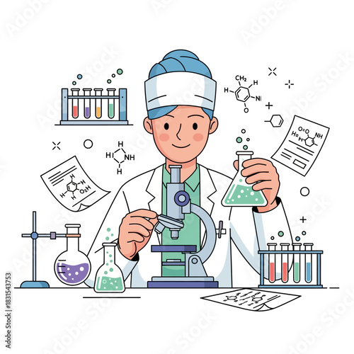 Scientist conducting experiment with microscope and flask in a chemical laboratory setting for