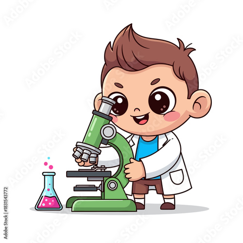 Enthusiastic young boy scientist explores scientific frontiers with green microscope in cartoon