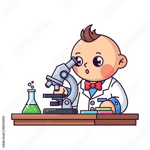 A cute baby scientist intently observing through a microscope in a research setting with