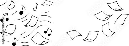 Flying Music Notes & Paper Sheets Stroke Collection — Wind, Melody, Motion Doodle Outline Set.