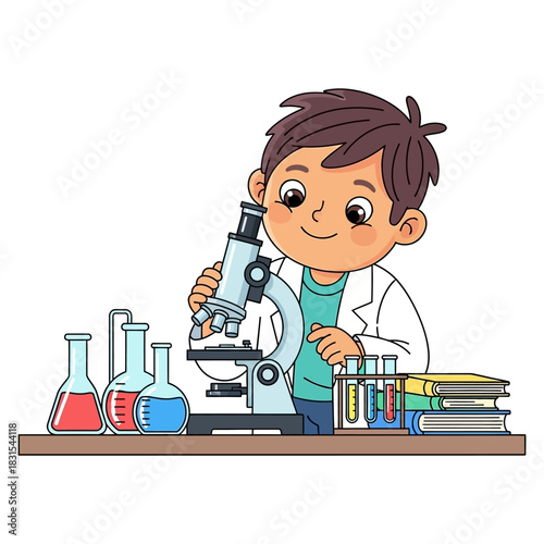 Young scientist engaging in a laboratory experiment with a microscope and scientific glassware