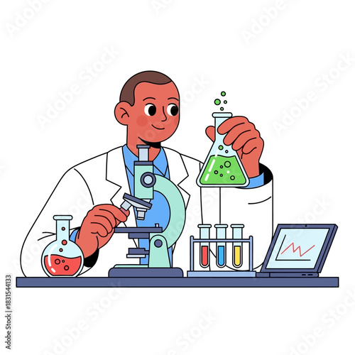 Illustration of a young researcher in a lab coat focused on scientific analysis experiments and