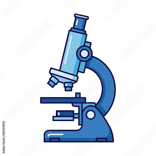 Blue microscope illustration depicting scientific equipment and laboratory analysis tool for