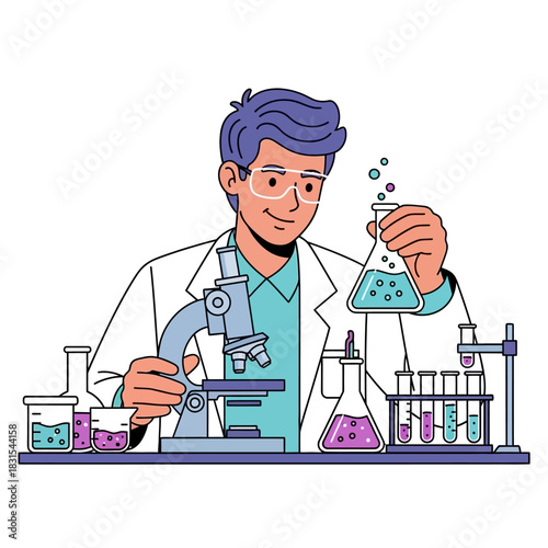 Scientist with microscope and flask conducting experiment in a research laboratory