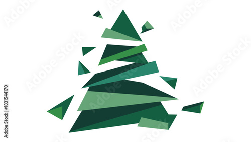 Abstract Geometric Christmas Tree: An artistic, abstract rendering of a Christmas tree composed of fragmented geometric shapes in varying shades of green, embodying modern design and holiday spirit.