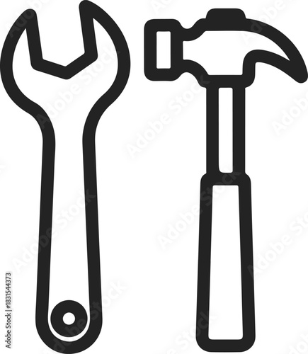 Wrench and hammer vector icon representing repair, construction, and handyman work.