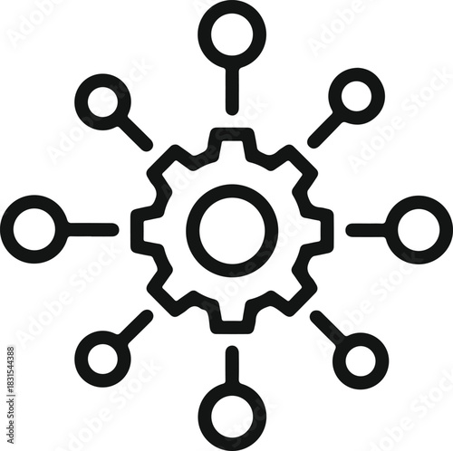 Gear icon with radiating lines symbolizing system integration and network process