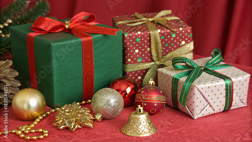 A variety of wrapped gift boxes in red and green sit among shiny ornaments and decorative items against a rich red background
