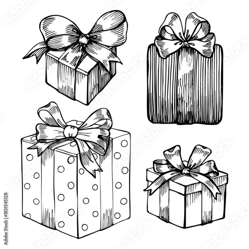 Hand-drawn Christmas gift boxes with decorative bows in vintage engraving style. Detailed line art perfect for holiday cards, packaging design, branding, stickers, labels, and festive illustrations.