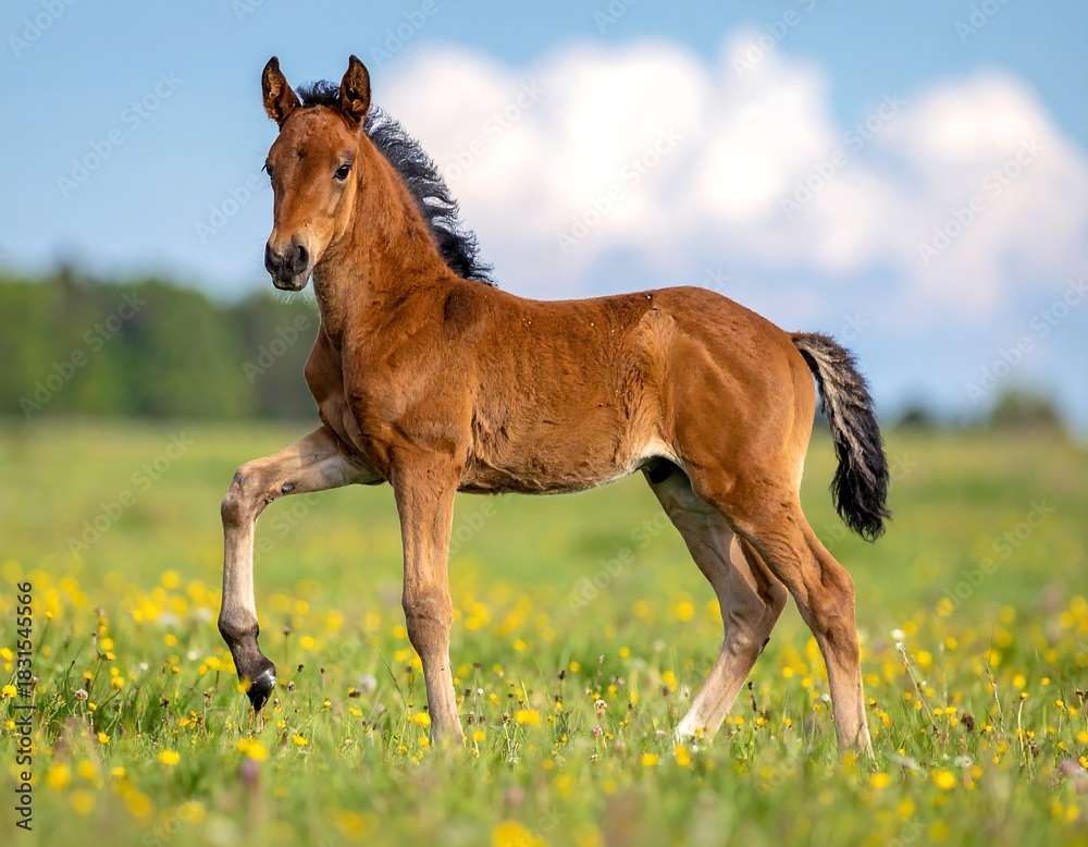Obraz premium Adorable brown foal frolicking in a field of vibrant wildflowers