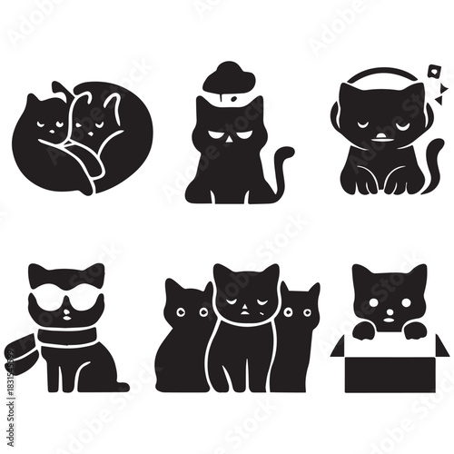 Black Cats Family Silhouette Vector Icon.