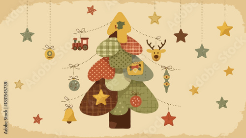 Patchwork-style retro Christmas tree composed of stitched-looking fabric textures, quirky ornaments hanging on thin dotted strings, festive stars sprinkled across the scene