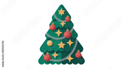 Festive Christmas Tree Decoration: A charming illustrated image of a vibrant green Christmas tree, adorned with twinkling star ornaments and cheerful red ball decorations.
