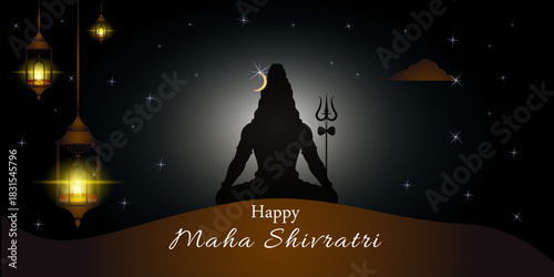 Vector illustration of a Shiva silhouette in meditation with a trident, glowing crescent moon, hanging lanterns and starry night sky, created for the Maha Shivratri festival theme