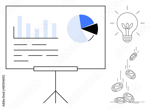 Presentation board with charts and data, glowing light bulb as an idea symbol, and falling coins representing financial success. Ideal for business strategy, finance, innovation, growth, motivation