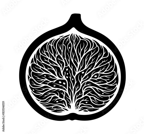 This bold monochromatic illustration depicts a stylized fig cross-section, featuring an intricate, organic network of white branching veins that radiate like a tree through the fruit's dark interior