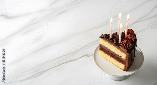 Slice of chocolate birthday cake with candles on white marble surface