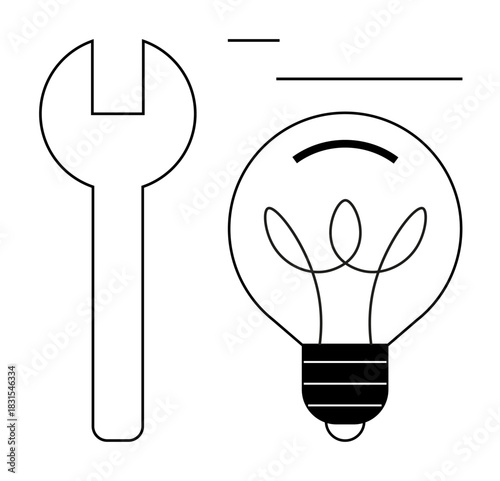 Wrench alongside a light bulb representing innovation, ideas, and tools. Ideal for creativity, problem-solving, design, engineering, innovation brainstorming repair. Simple flat metaphor