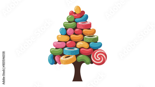 Sweet Seasonal Spruce: A whimsical holiday design featuring a festive tree crafted from an assortment of colorful candies.