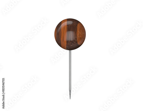 Round wooden ball topped push pin with silver metal pin isolated on a transparent background