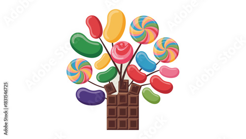 Candy Tree Delight: A whimsical illustration showcasing a tree crafted entirely from delectable candies, each branch adorned with vibrant lollipops, jelly beans, and a chocolate trunk