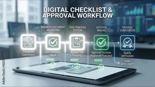 Digital checklist and approval workflow showing business document validation and task tracking system for decision making, process optimization, and quality verification with high efficiency