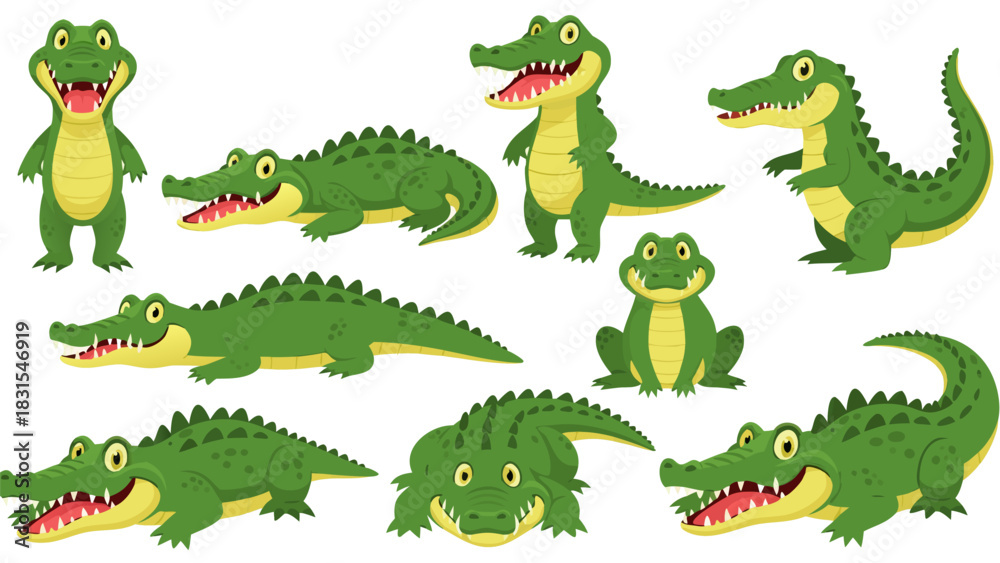 Obraz premium Cartoon Alligators and a Frog A Collection of Green Reptiles and Amphibians