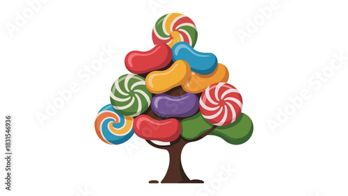 Candy Tree: A whimsical illustration of a tree formed entirely of colorful candies, symbolizing sweetness and joy.