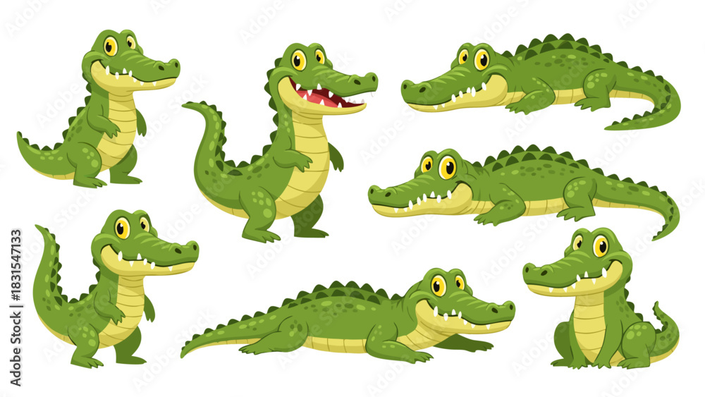 Obraz premium Smiling and playful cartoon alligators in various poses, perfect for kids' illustrations, educational materials, and playful designs