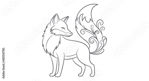 Elegant Line Drawing of a Mystical Fox with Curly Flourishes and Stylized Tail