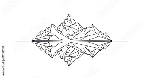 Minimalist Line Art Depiction of a Mountainous Landscape with Reflection Over Calm Water