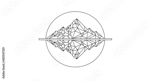 Minimalist Line Art Illustration of Geometric Mountain Reflection within a Circle