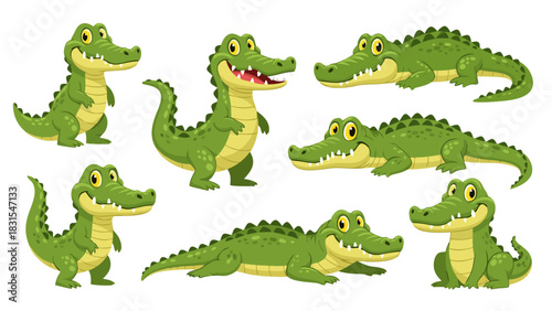 Smiling and playful cartoon alligators in various poses, perfect for kids' illustrations, educational materials, and playful designs