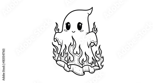 Adorable Cartoon Ghost with Flames and Big Eyes Creating a Playful Atmosphere