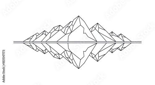 Minimalist Line Art of Mountain Range with Reflection Creating Symmetrical Landscape