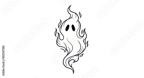 Stylized ghost figure with flowing lines and expressive eyes in a monochrome design