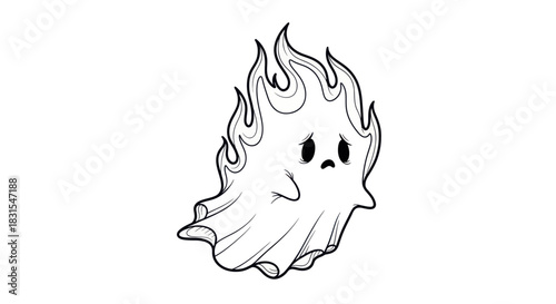 Whimsical cartoon ghost engulfed in animated flames with expressive eyes