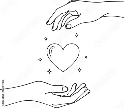 Two hands reaching for a glowing heart, symbolizing love, care, and connection isolated on white background