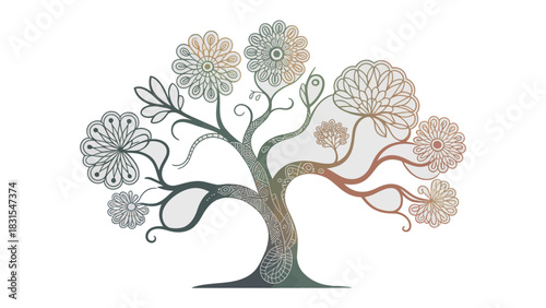 Ornate Botanical Silhouette: An intricate silhouette of a blossoming tree is displayed, with its branches adorned with elaborate floral motifs.