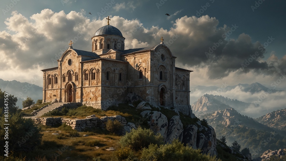 Fototapeta premium AI-generated concept art of a church on top of a mountain surrounded by trees