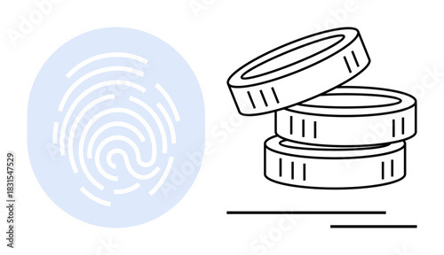 Fingerprint next to stacked coins representing digital security, online payment, and identity verification. Ideal for fintech, blockchain, data protection, fintech, cybersecurity, e-commerce