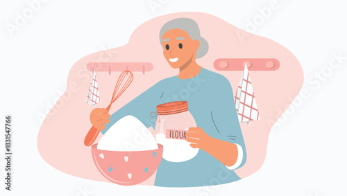 vector flat style illustratiom. elderly woman are cooking pastries