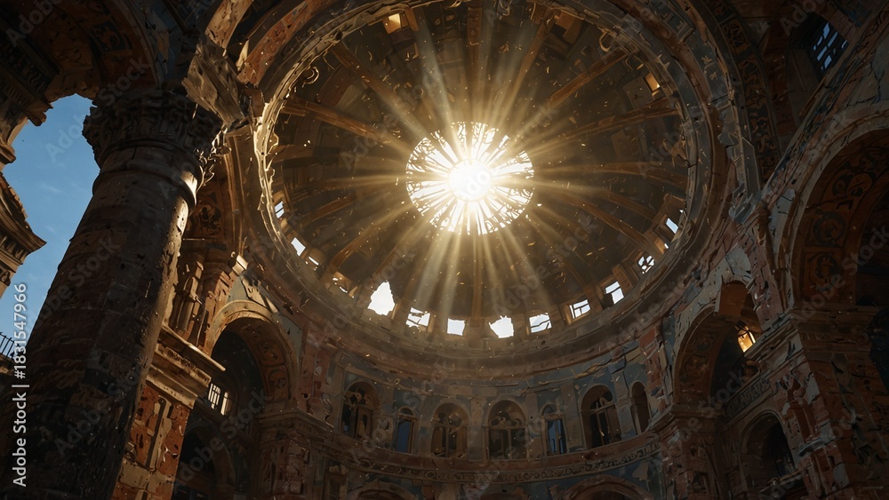 Obraz premium Fantasy-style AI illustration of the sun is shining through the dome of a church