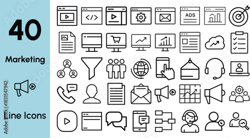 Digital Marketing Line Icons Pack 40 Minimal Vector Icons for SEO, Social Media, Ads, Analytics & Web Marketing
