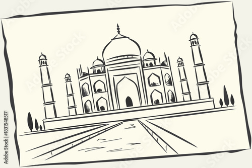 Vector line art of the Taj Mahal, simple outline illustration, black lines on white background, flat design, minimal details, symmetry, icon style