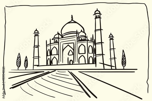 Taj Mahal, minimalist line art, continuous line drawing style, black marker sketch, loose strokes, architectural doodle, simple composition, isolated on light grey paper texture